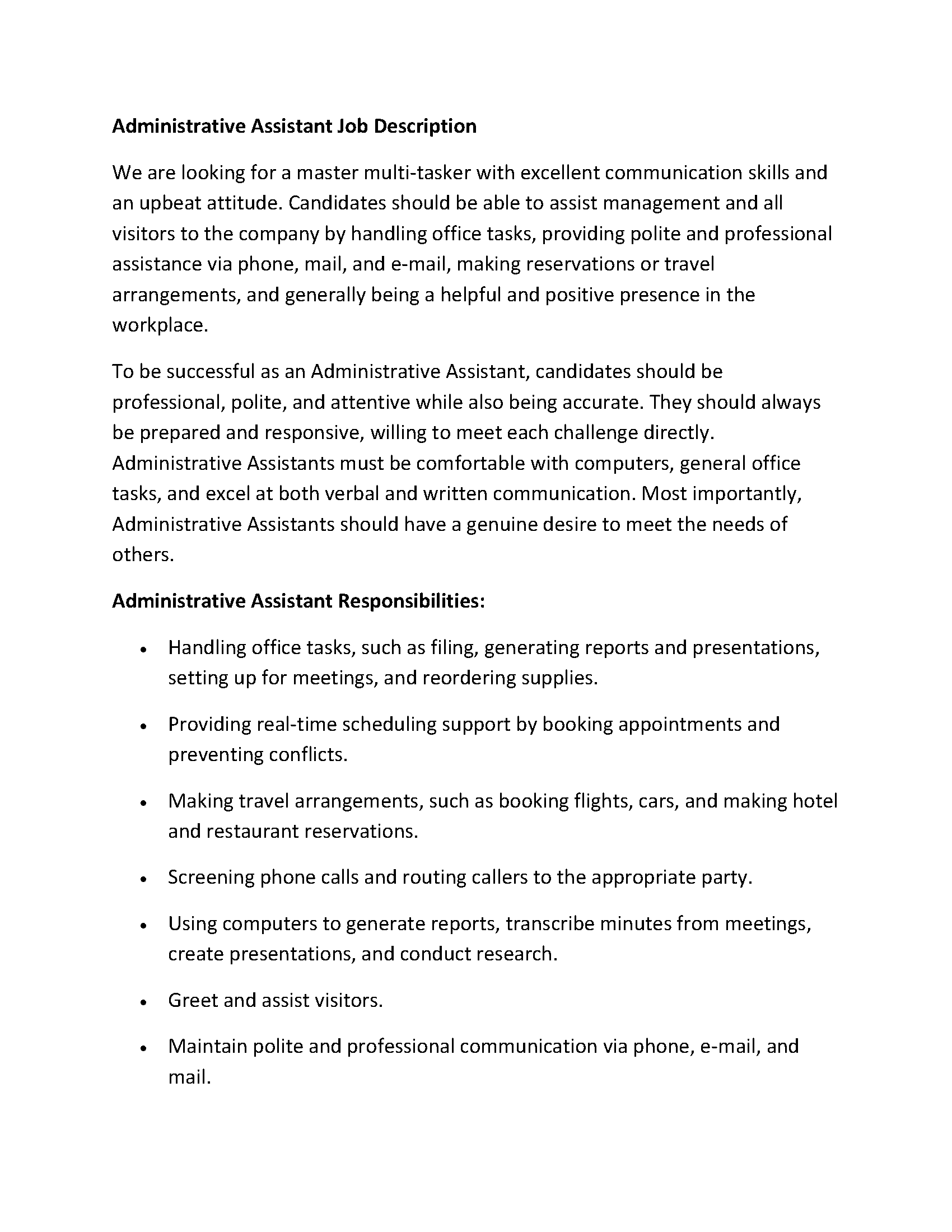 Administrative Assistant Job Description